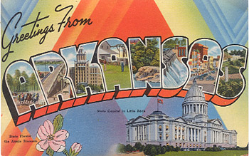 Featured is an Arkansas big-letter postcard image from the 1940s obtained from the Teich Archives (private collection).